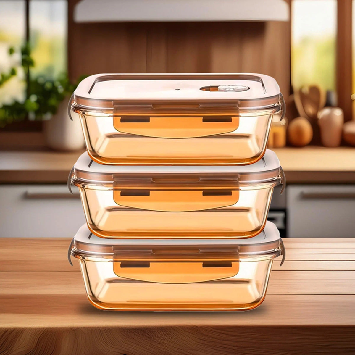 UMAI Pack of 3 Borosilicate Containers | 600ml Each | Airvent Lid | Amber | Fridge Storage