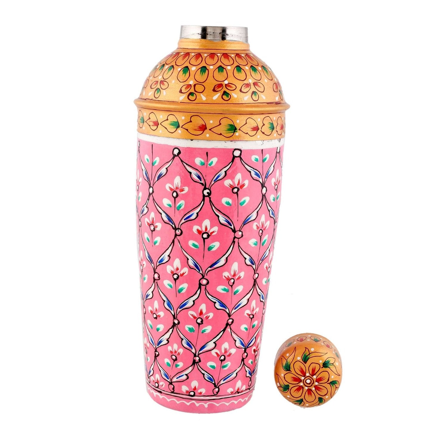 Premium Hand-Painted Pink Aluminium Water Bottle Flask with Floral Design