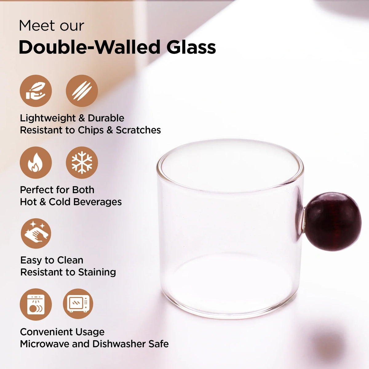 UMAI Pack of 2: Borosilicate Glass Coffee Mugs with Wooden Handle | 120ml | Transparent