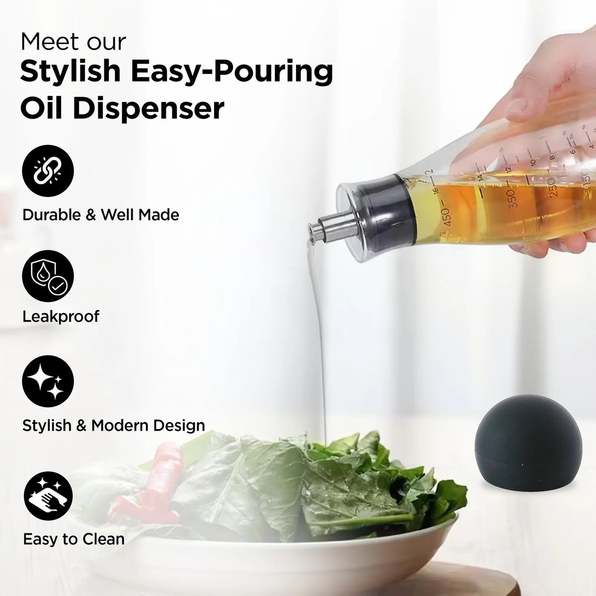 UMAI Glass Oil Dispenser with Leakproof Silicone Lid | 450ml | Glass Oil Bottle