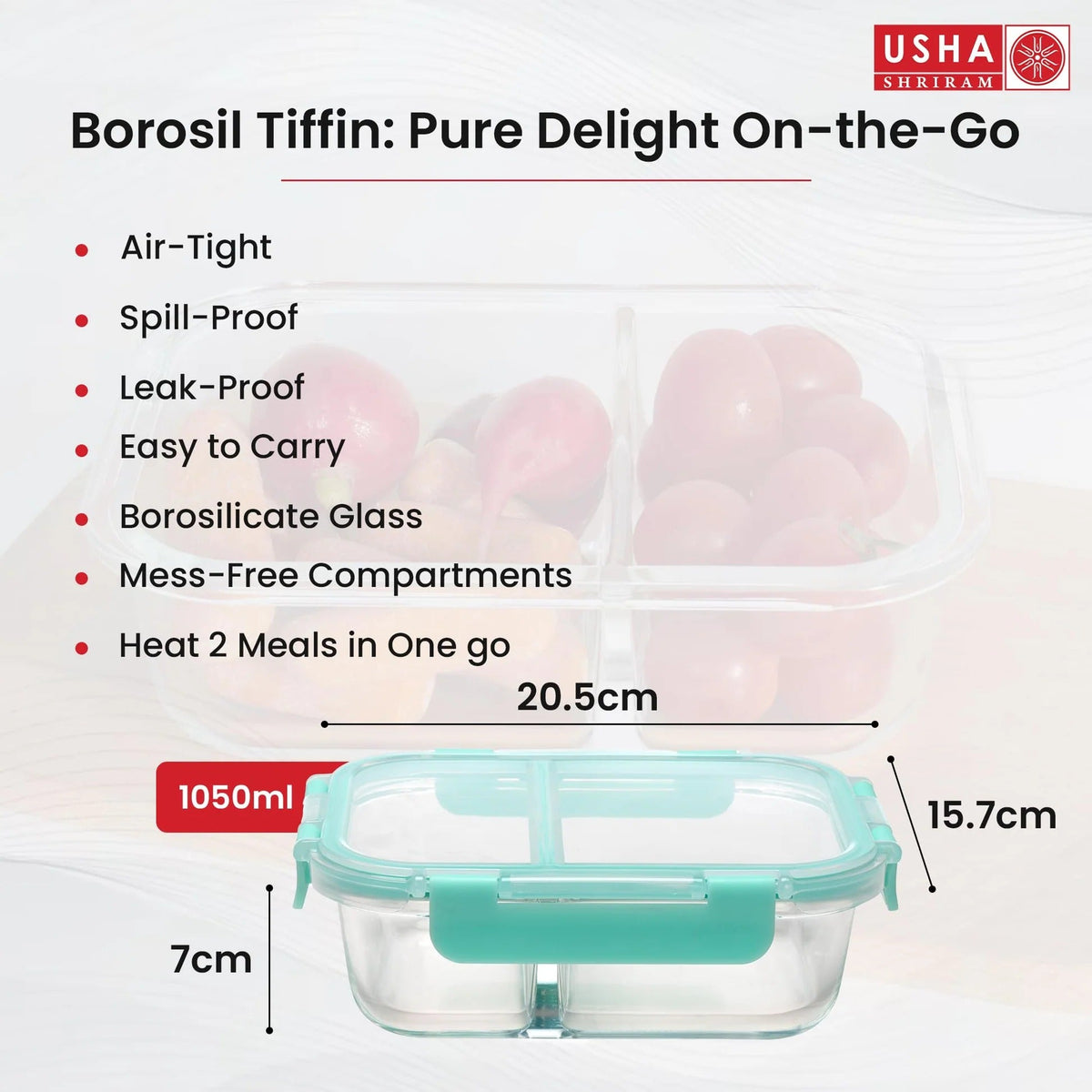 Borosilicate Glass Tiffin Box | 1050ml | Wooden Lid | Leak-Proof | Transparent