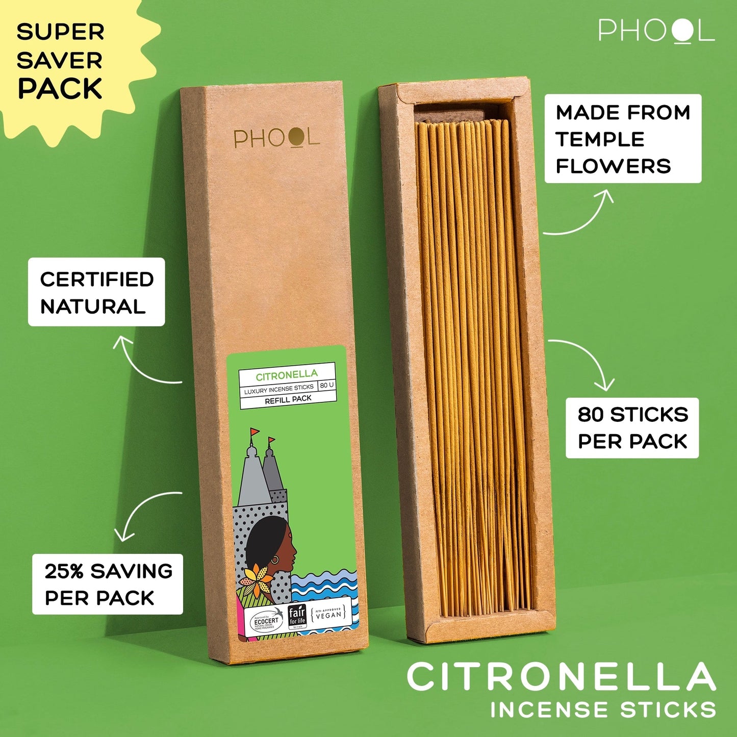 Phool Natural Incense Sticks Refill Pack Citronella - 80 Sticks