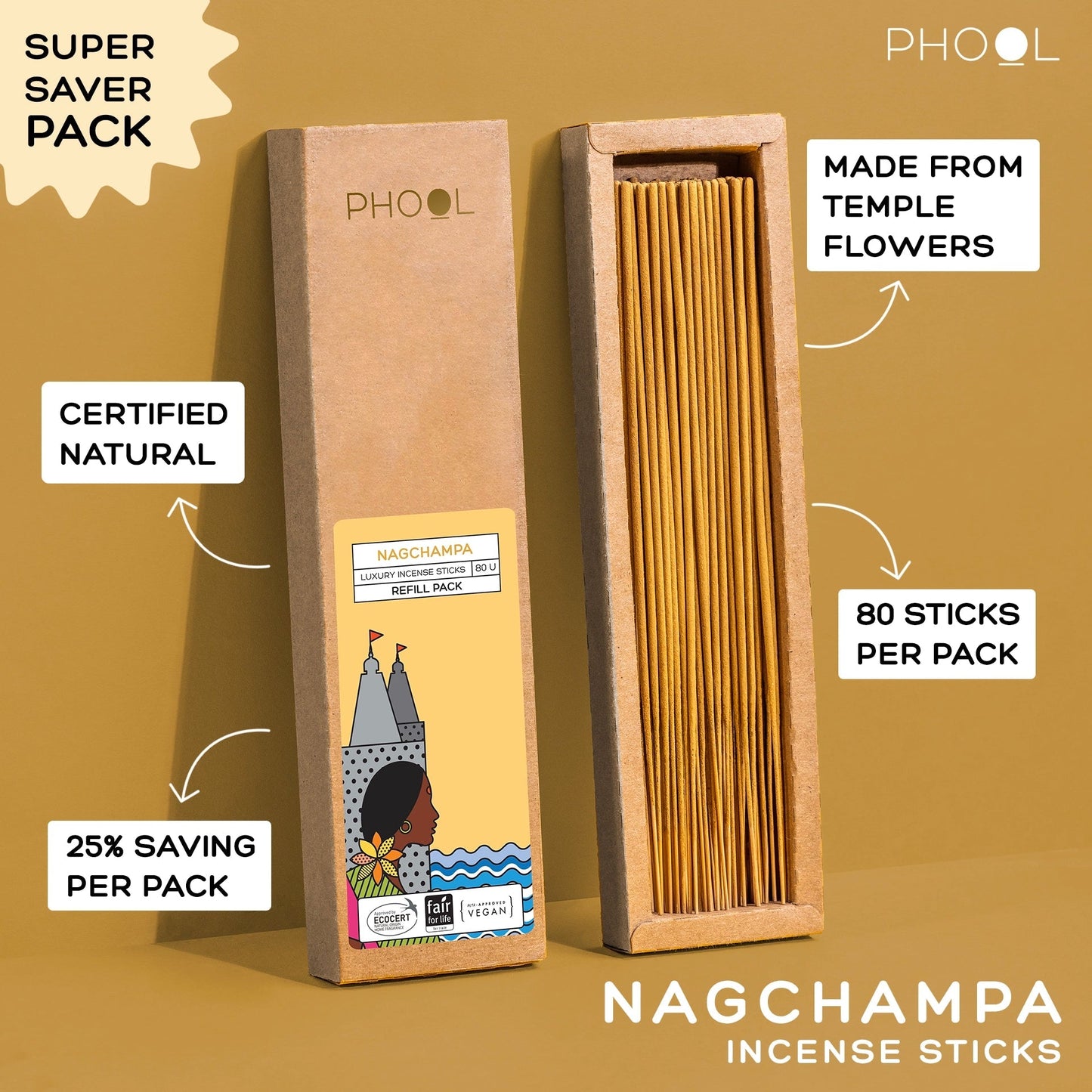 Phool Natural Incense Sticks Refill Pack Nagchampa - 80 Sitcks