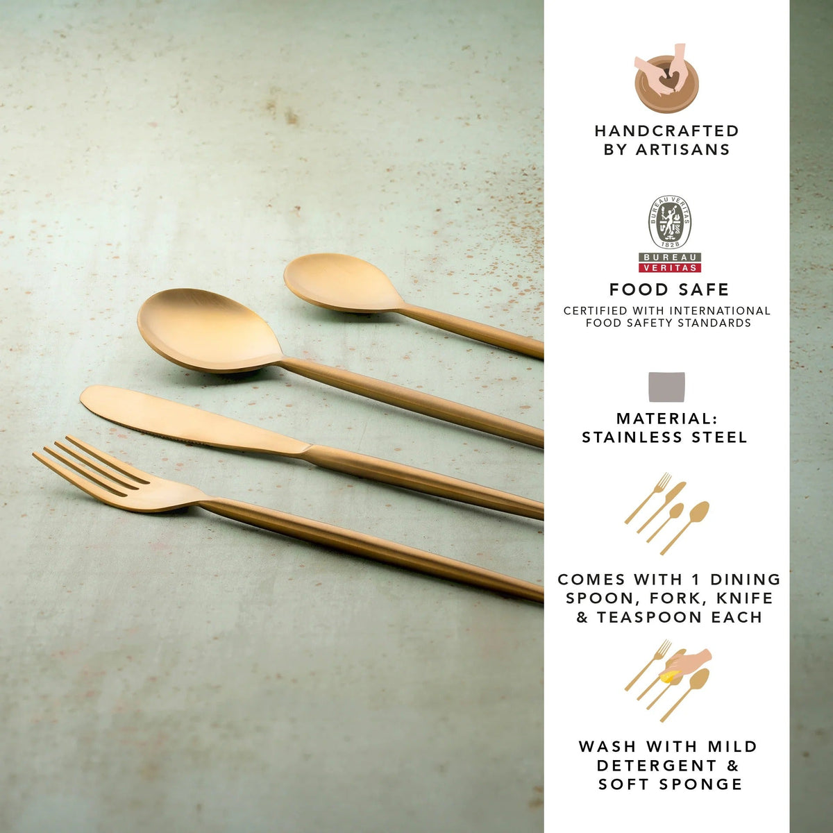 Ellementry Aurum Gold Hammered Cutlery Set of 4 Stainless Steel Food Grade Dishwasher Safe Spoon Fork Knife