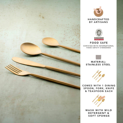 Ellementry Aurum Gold Hammered Cutlery Set of 4 Stainless Steel Food Grade Dishwasher Safe Spoon Fork Knife