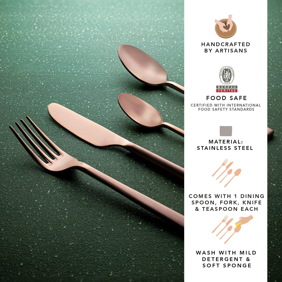 Ellementry Enigma Rose Gold Cutlery Set of 4 Stainless Steel Food Grade Dishwasher Safe Spoon Fork Knife