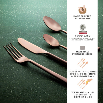 Ellementry Enigma Rose Gold Cutlery Set of 4 Stainless Steel Food Grade Dishwasher Safe Spoon Fork Knife