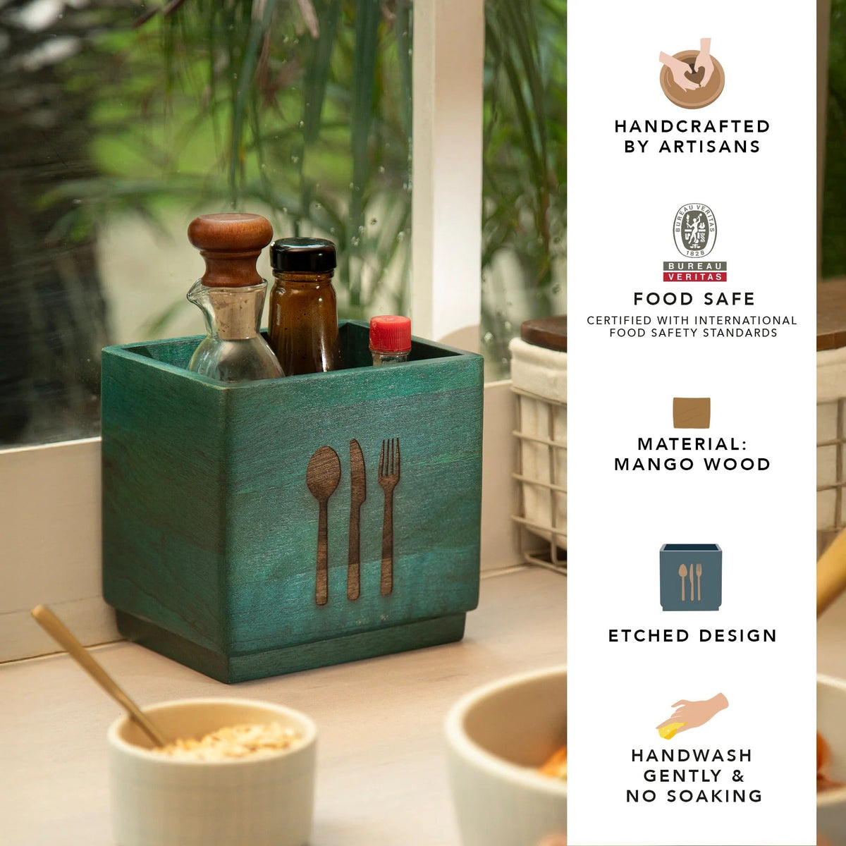 Ellementry Blue Wood Utensil Holder | Handcrafted | Cobalt Finish | Cutlery Organizer Stand