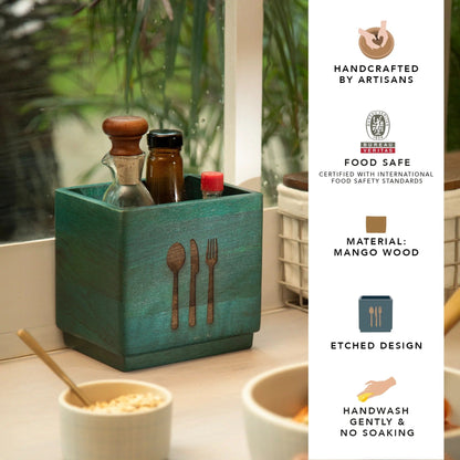 Ellementry Blue Wood Utensil Holder | Handcrafted | Cobalt Finish | Cutlery Organizer Stand