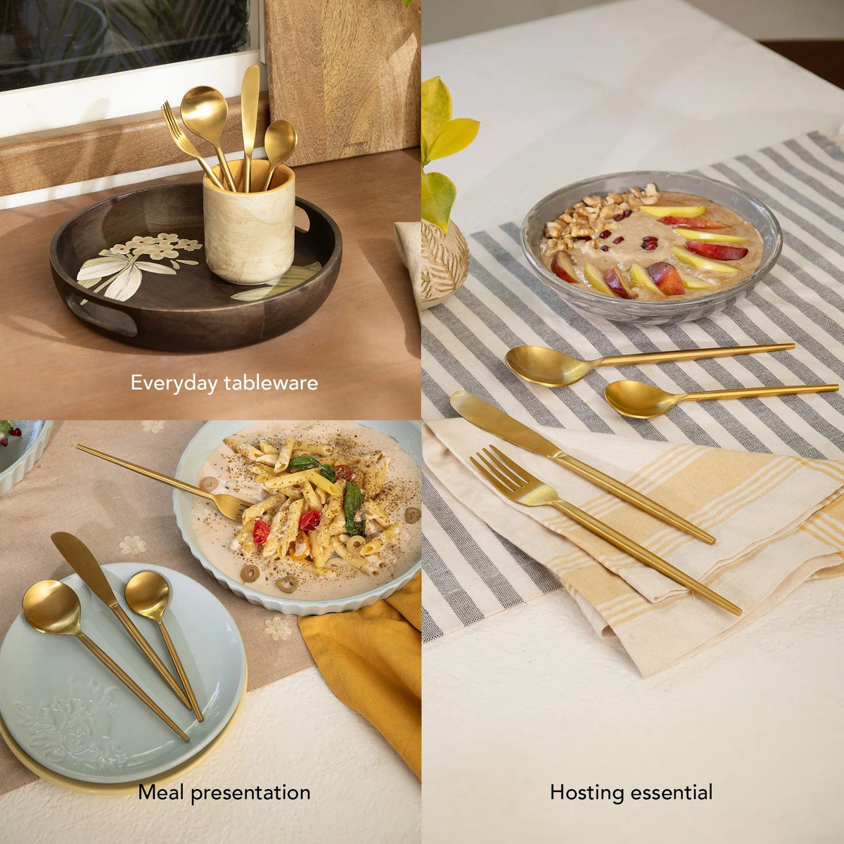 Ellementry Aurum Gold Hammered Cutlery Set of 4 Stainless Steel Food Grade Dishwasher Safe Spoon Fork Knife