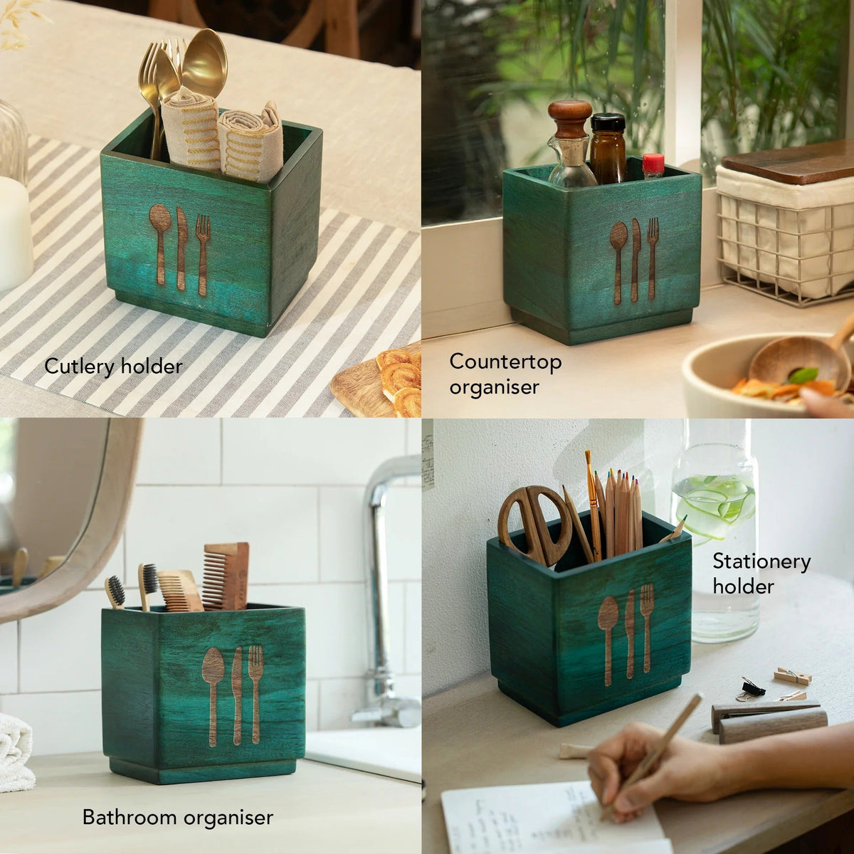 Ellementry Blue Wood Utensil Holder | Handcrafted | Cobalt Finish | Cutlery Organizer Stand