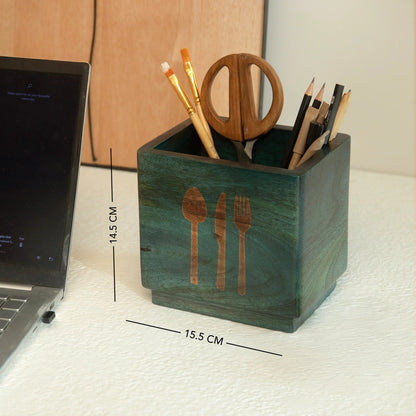 Ellementry Blue Wood Utensil Holder | Handcrafted | Cobalt Finish | Cutlery Organizer Stand