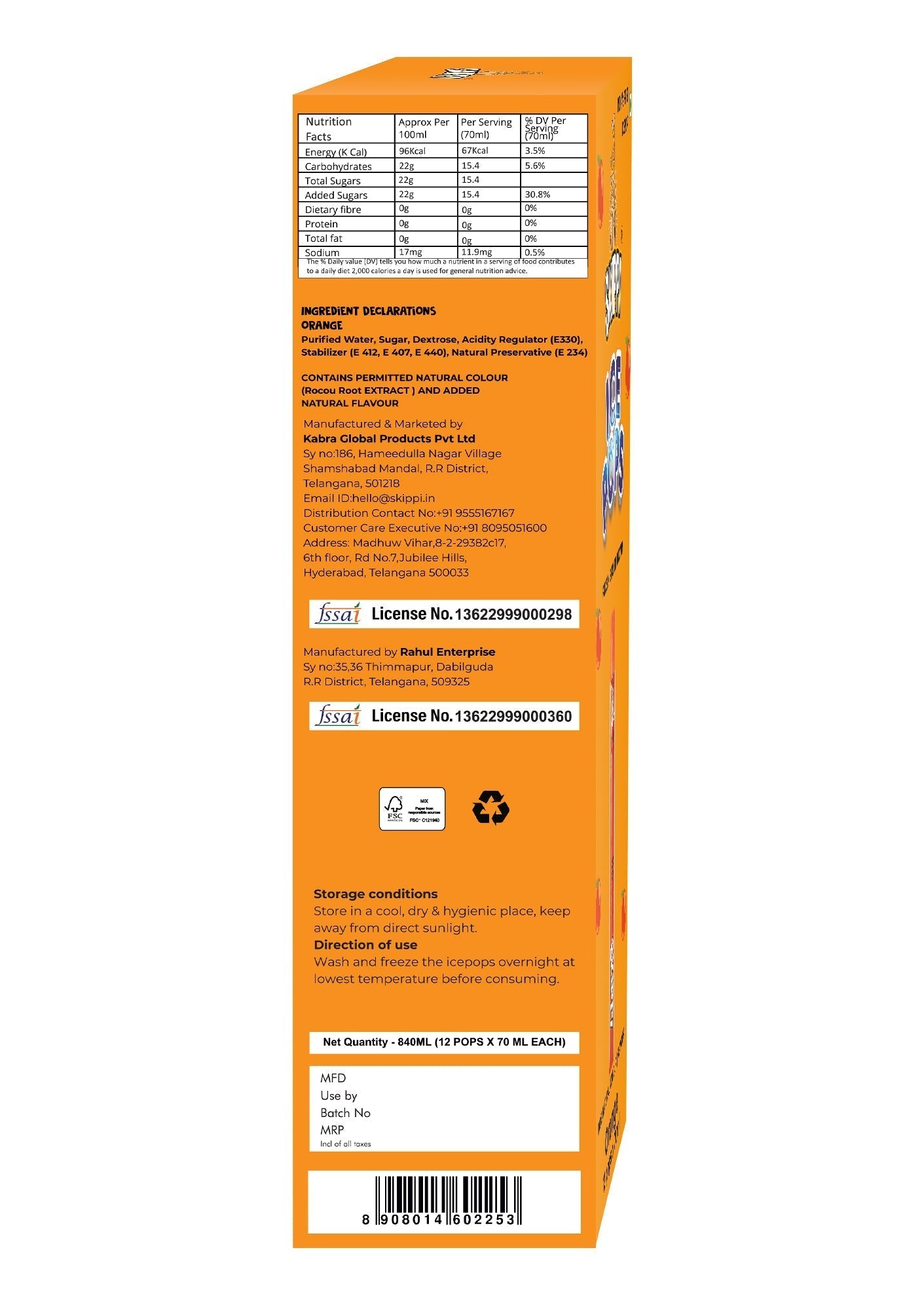 Skippi Orange Flavor Ice Pop, Pack of 12