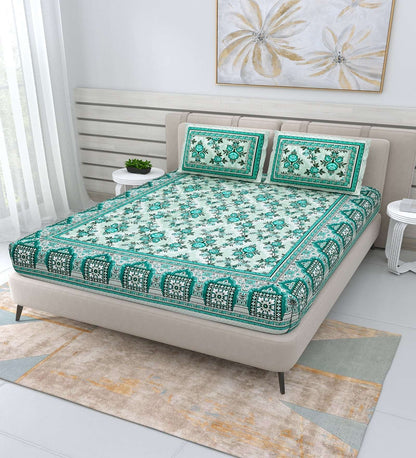 100% Pure Cotton Traditional Printed Bedsheet for Double Bed King Size Bedsheet with 2 Pillow Covers