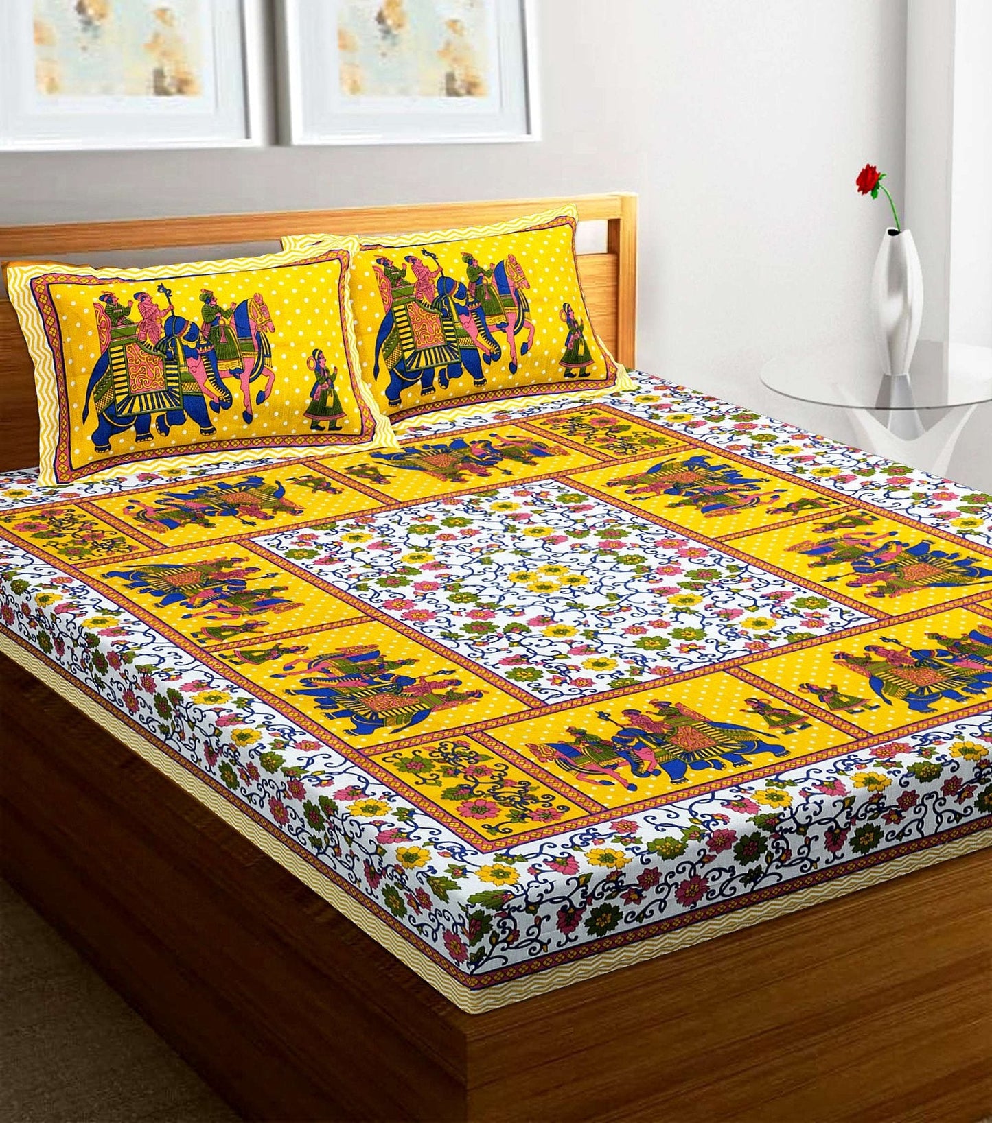 100% Pure Cotton Traditional Printed Bedsheet for Double Bed King Size Bedsheet with 2 Pillow Covers