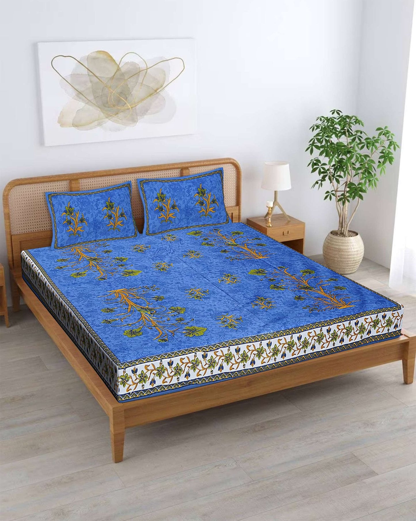 100% Pure Cotton Traditional Printed Bedsheet for Double Bed King Size Bedsheet with 2 Pillow Covers
