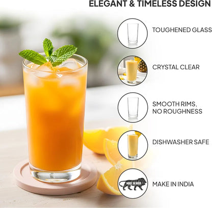 CELLO Liberty Hi-Ball Glass Set of 6 Pcs 250ml, Transparent | Freezer & Fridge Safe, Leadfree Dishwasher Safe Toughened Crystal Clear Glasses Set for Drinking Water Juice Milk Cocktail Mocktail Soda
