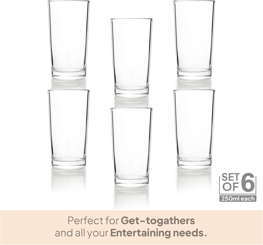 CELLO Liberty Hi-Ball Glass Set of 6 Pcs 250ml, Transparent | Freezer & Fridge Safe, Leadfree Dishwasher Safe Toughened Crystal Clear Glasses Set for Drinking Water Juice Milk Cocktail Mocktail Soda