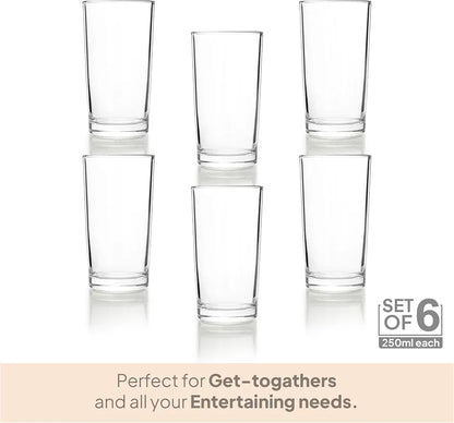 CELLO Liberty Hi-Ball Glass Set of 6 Pcs 250ml, Transparent | Freezer & Fridge Safe, Leadfree Dishwasher Safe Toughened Crystal Clear Glasses Set for Drinking Water Juice Milk Cocktail Mocktail Soda