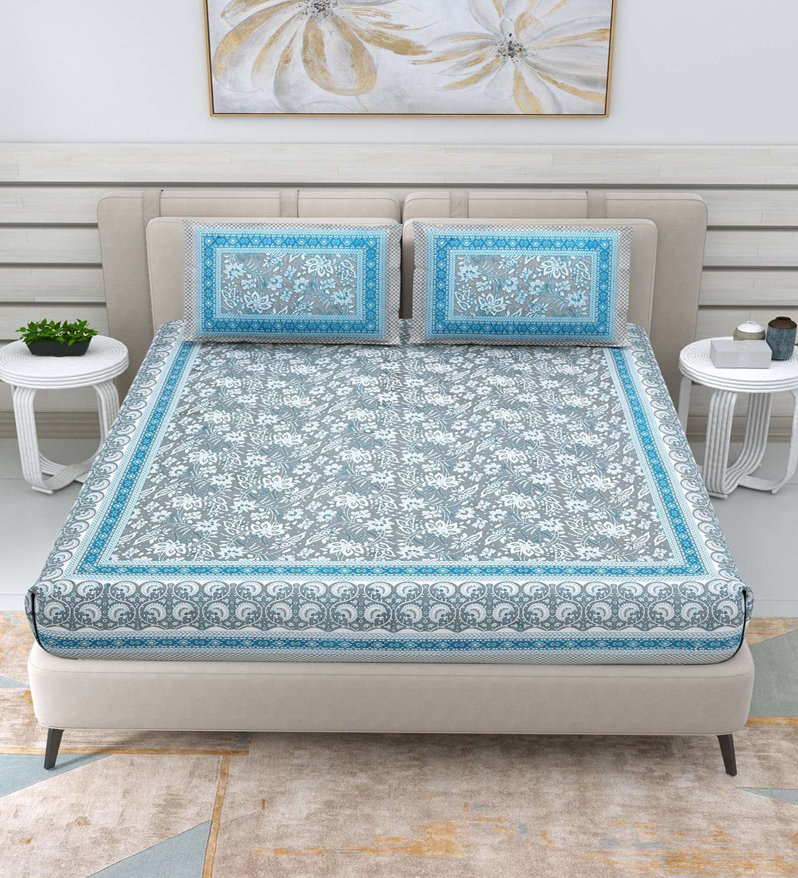 100% Pure Cotton Traditional Printed Bedsheet for Double Bed King Size Bedsheet with 2 Pillow Covers