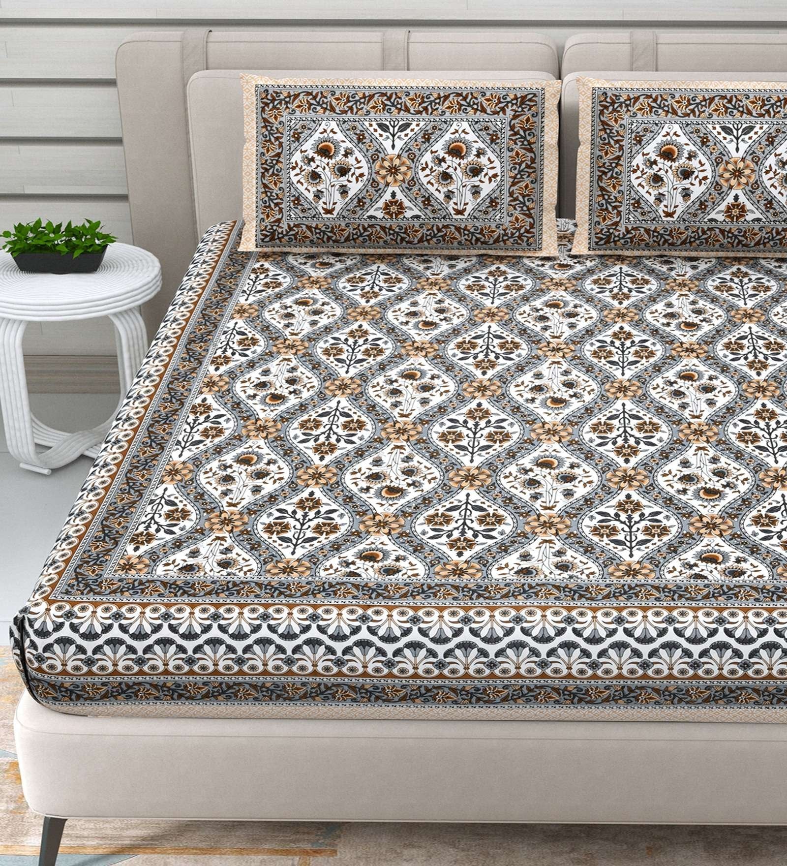 100% Pure Cotton Traditional Printed Bedsheet for Double Bed King Size Bedsheet with 2 Pillow Covers