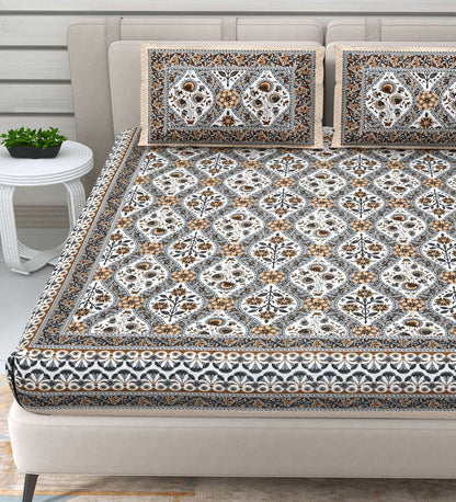 100% Pure Cotton Traditional Printed Bedsheet for Double Bed King Size Bedsheet with 2 Pillow Covers