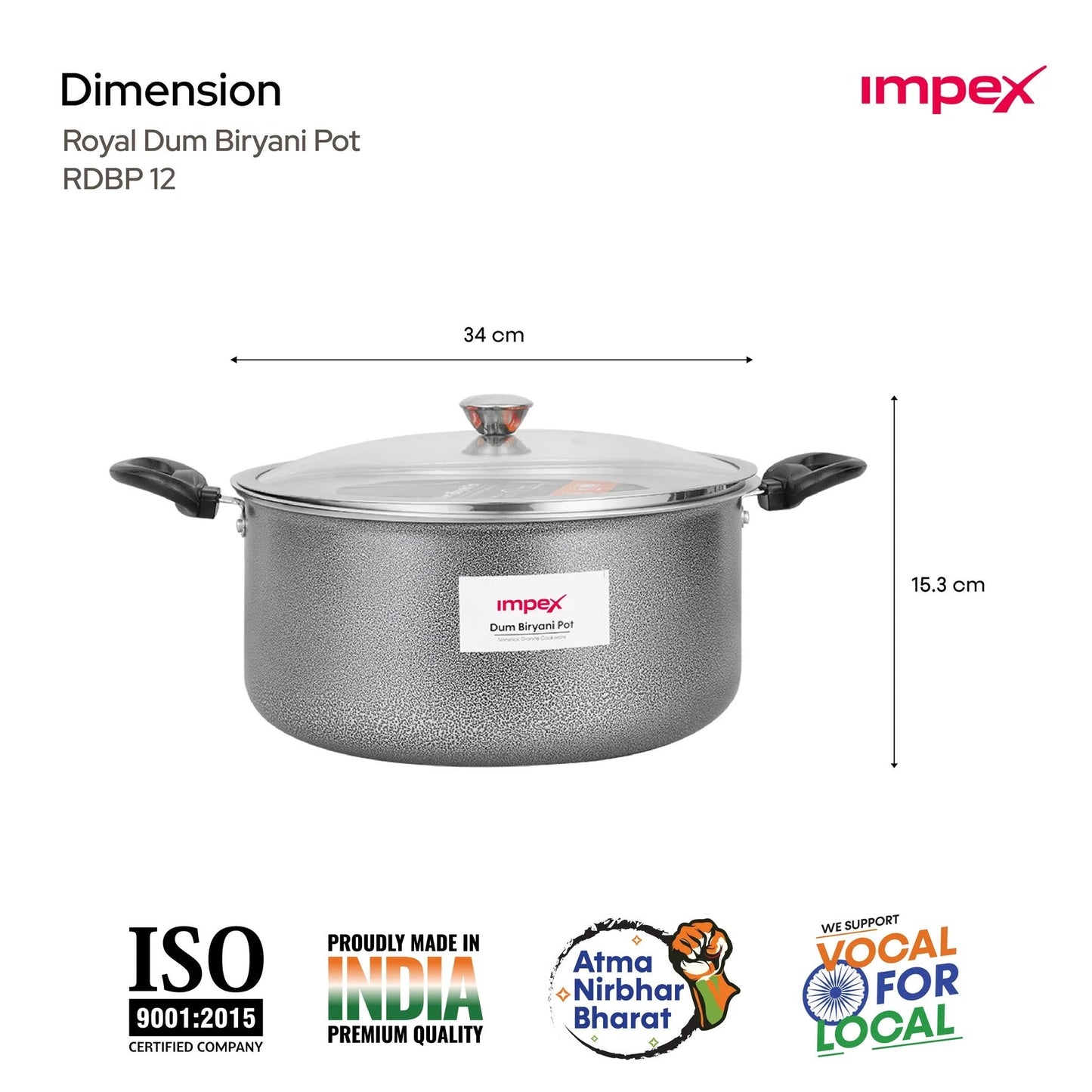 Impex RDBP12 12L Dum Biryani Pot Aluminium 5-Layer Granite PFOA-Free Tempered Glass Lid Induction