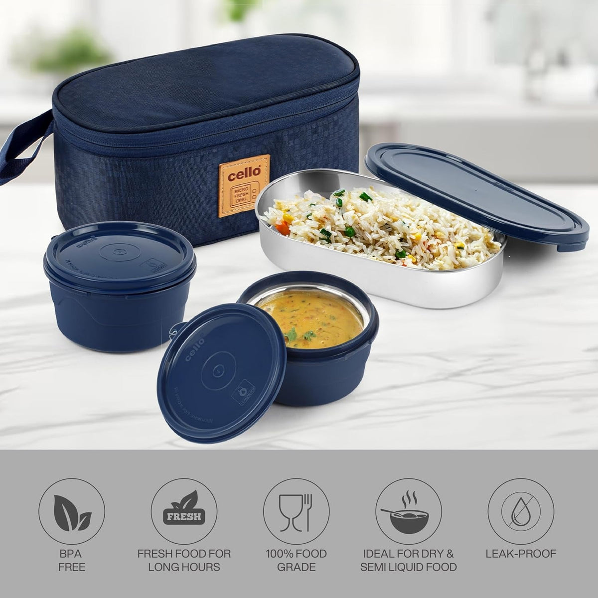 CELLO MF Micro Deck Lunch Box Set with Carry Bag, Blue - Set of 2 x 375ml