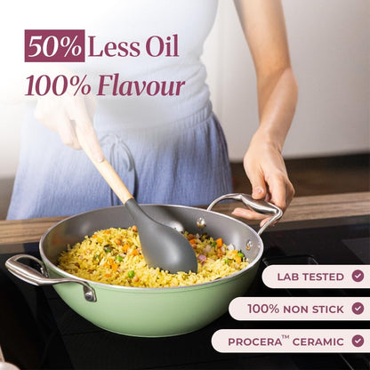 Asai Ceramic Non Stick Kadai 24cm (2.5L) with Glass Lid & Spatula - Green