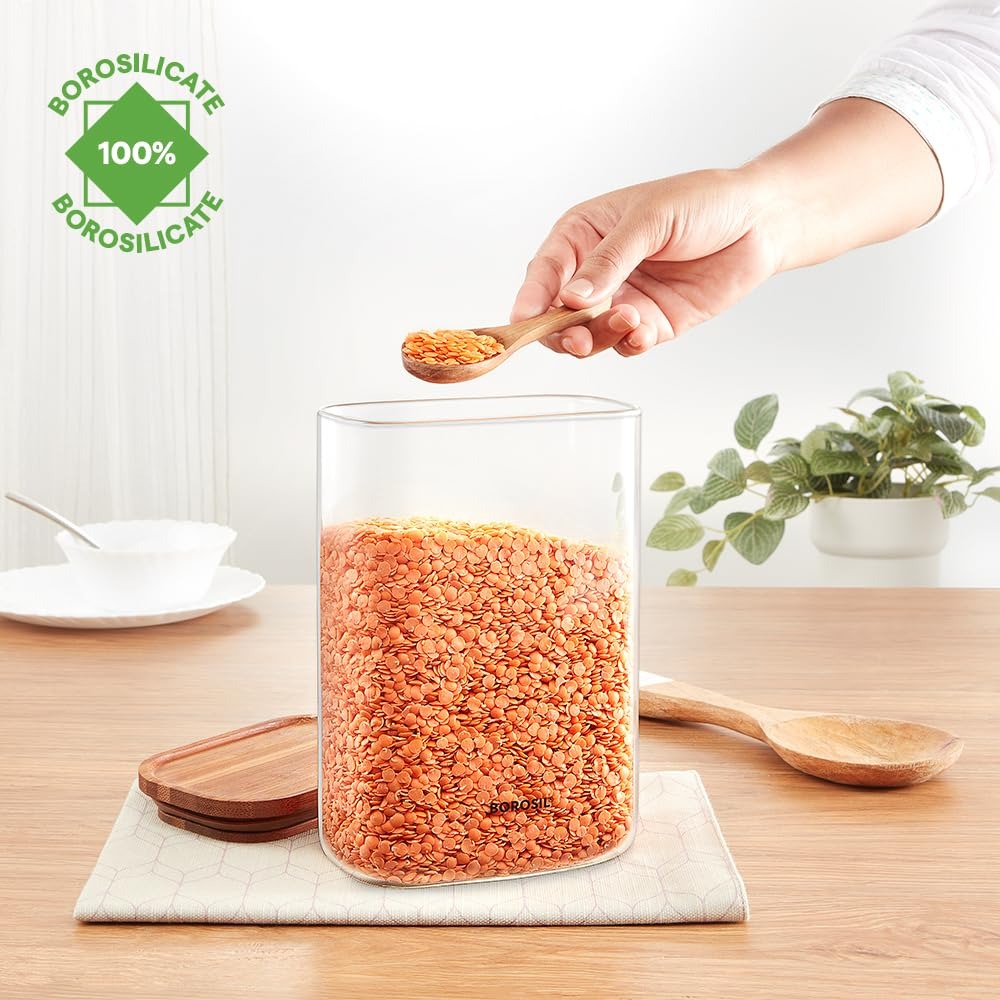 Borosil 1.3L Storage Jar Set with Bamboo Lid
