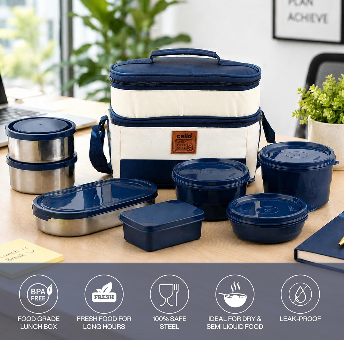 CELLO All Day Meal Lunch Box with Bag for Office Use Blue White | 550ml,375ml,225ml