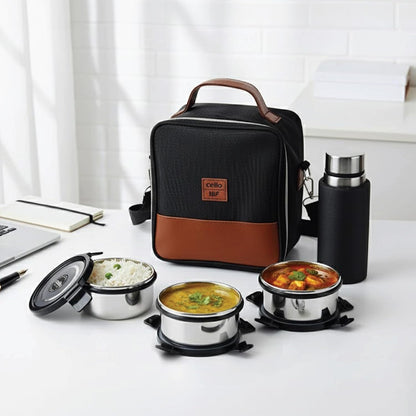 CELLO MF President Combo Stainless Steel Lunch Box with Bag, Black Leatherite