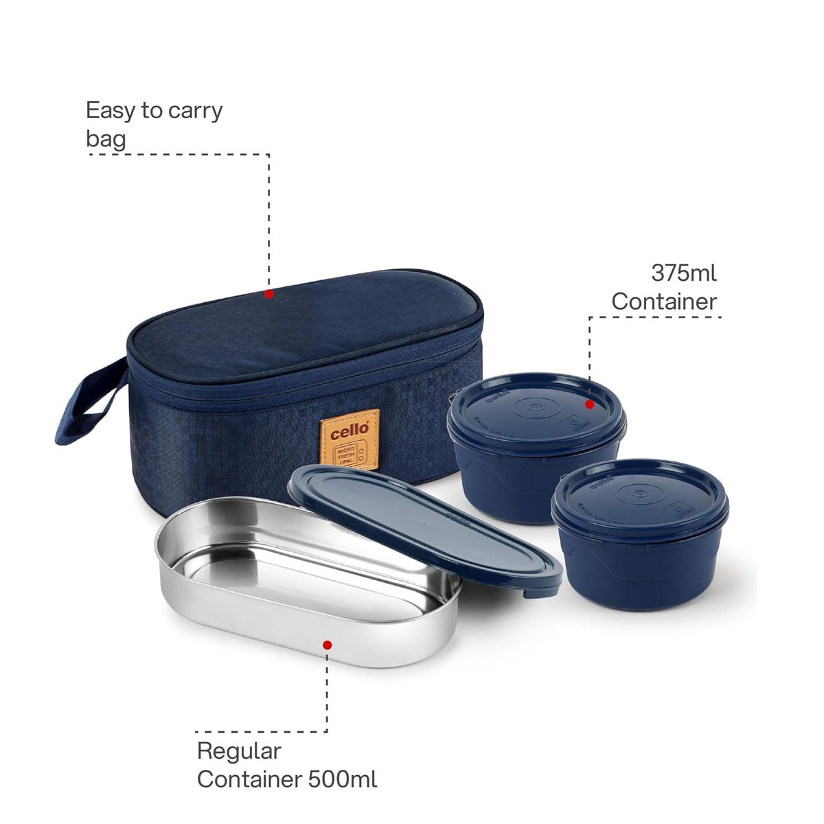 CELLO MF Micro Deck Lunch Box Set with Carry Bag, Blue - Set of 2 x 375ml