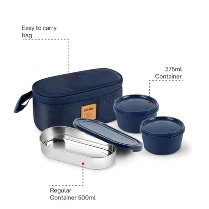 CELLO MF Micro Deck Lunch Box Set with Carry Bag, Blue - Set of 2 x 375ml
