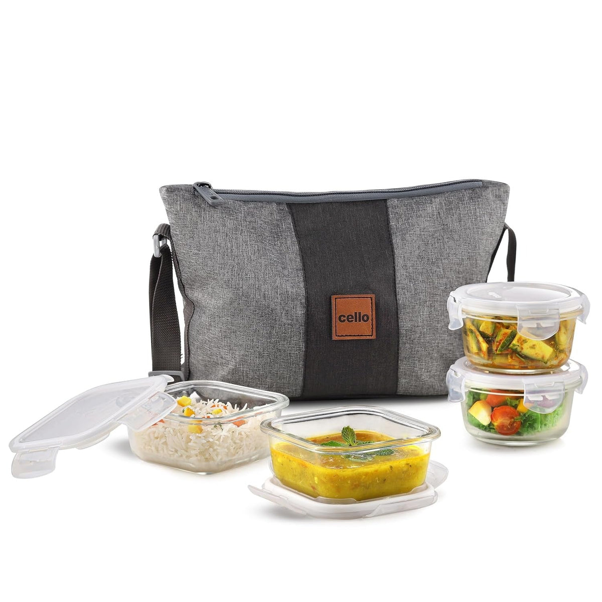 CELLO Glassy Square Lunch Box with Jacket For Office, Transparent | 2 x 320ml, 2 x 240ml