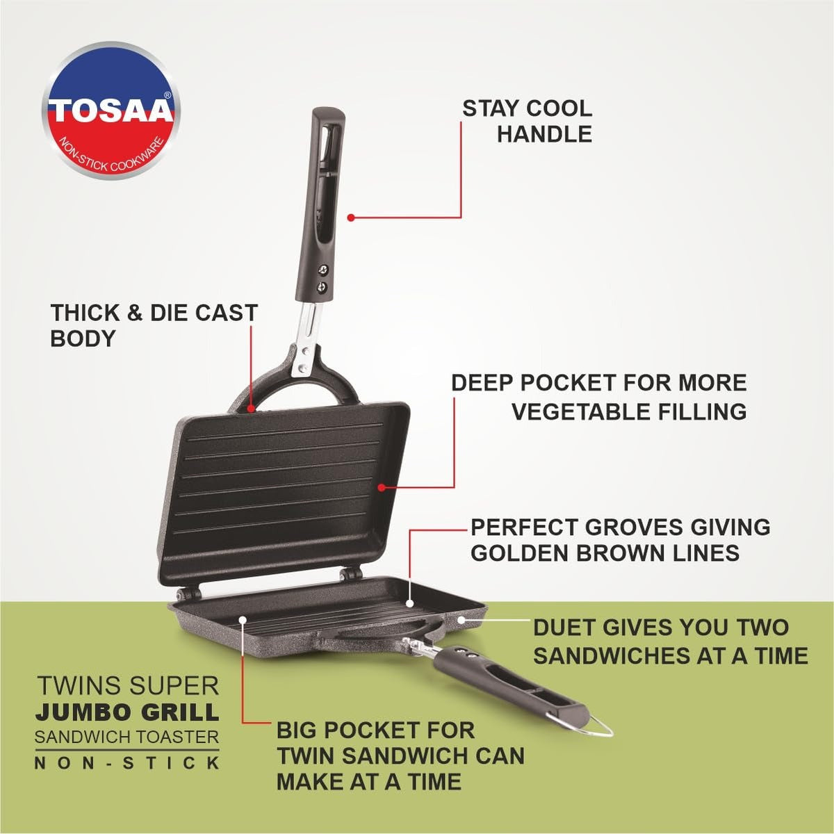 Tosaa Twin Super Jumbo Grill Sandwich Toaster Non-Stick (Version B)