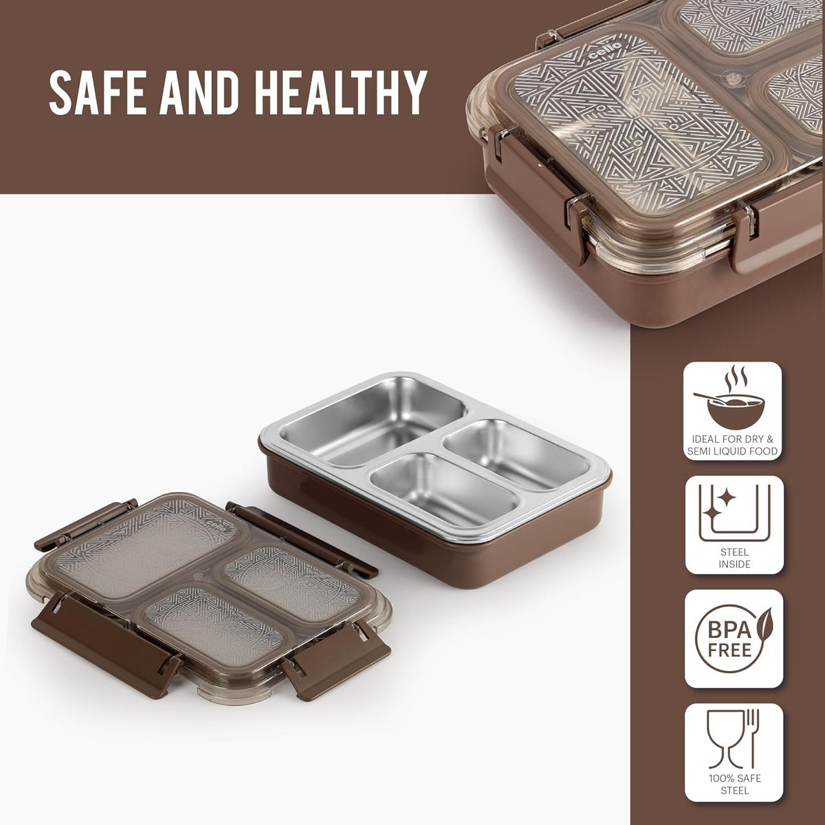CELLO Tri Lunch Insulated Lunch Box , Brown - Set of 1