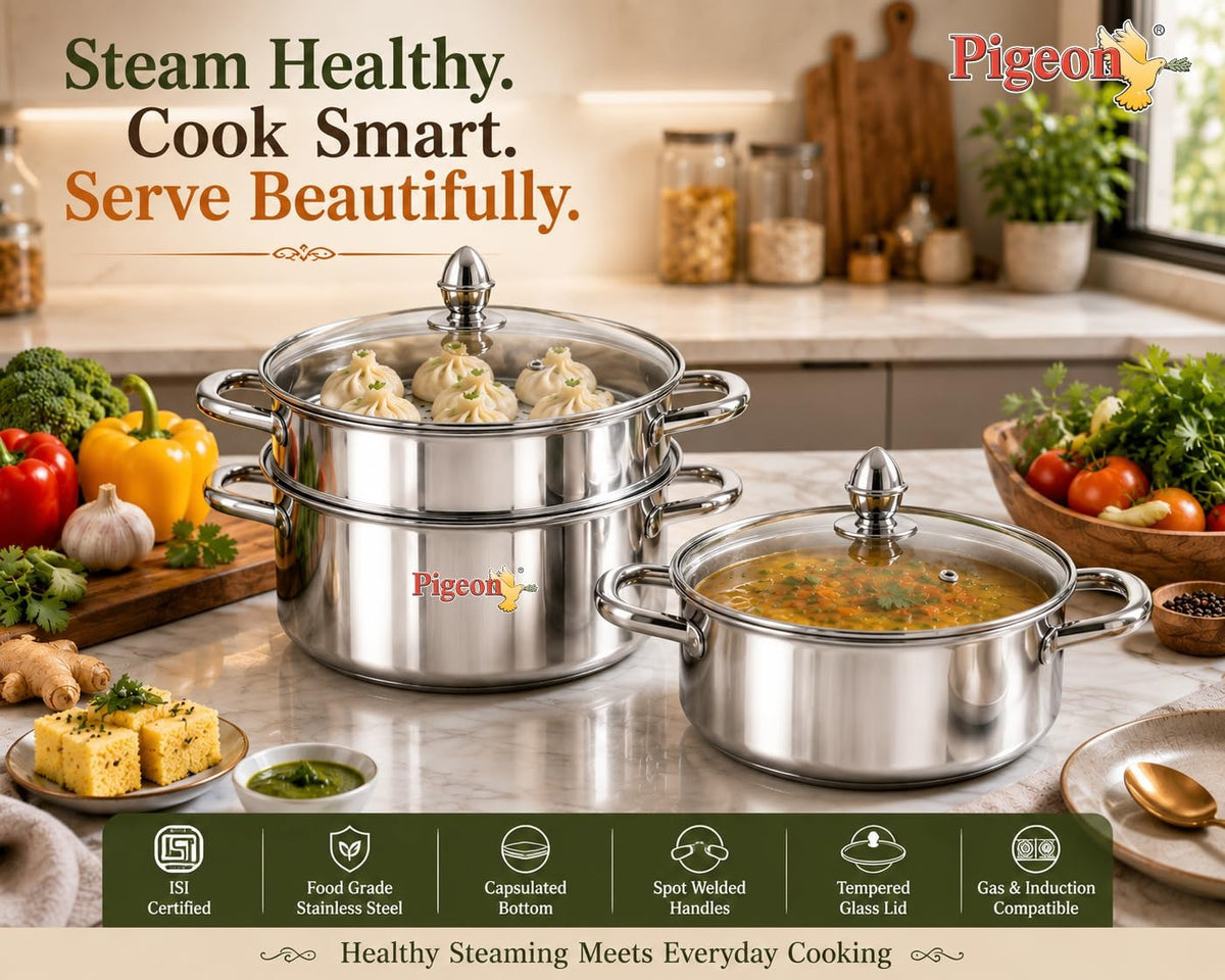 Pigeon Elantra Stainless Steel 3 Tier Steamer Pot Set with Glass Lid | Pasta Steamer Momo/Modak Maker