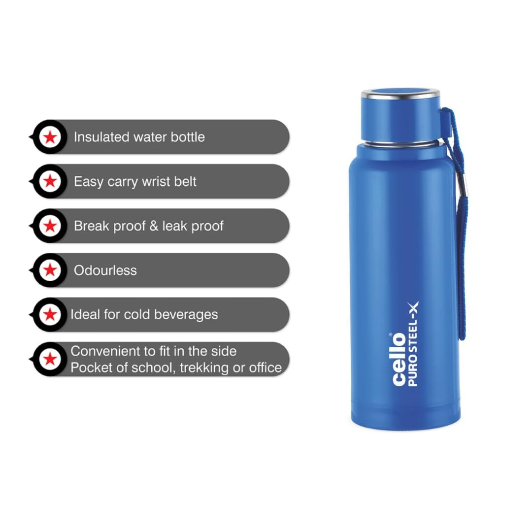 Cello Puro Steel-X Benz PU Insulated Water Bottle 410ml, Blue