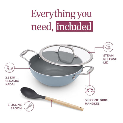 Asai Ceramic Non Stick Kadai 24cm (2.5L) with Glass Lid & Spatula - Blue