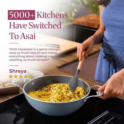 Asai Ceramic Non Stick Kadai 24cm (2.5L) with Glass Lid & Spatula - Green