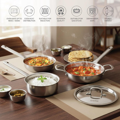 Cello Divine 3-Piece Stainless Steel Meta Tuff Tri-Ply Cookware Set (20 cm Fry Pan, 20 cm Kadai with Steel Lid, and 16 cm Saucepan)