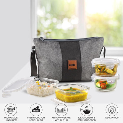 CELLO Glassy Square Lunch Box with Jacket For Office, Transparent | 2 x 320ml, 2 x 240ml