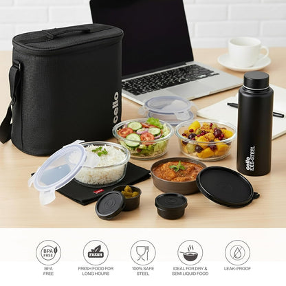 CELLO MF Glassy Pro Lunch Box with Jacket For Office, Black
