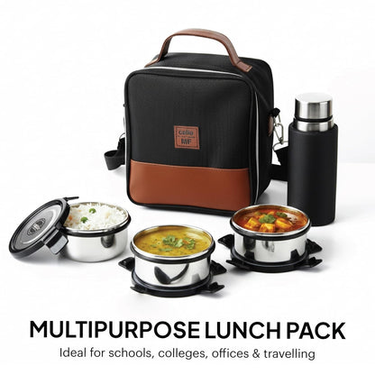 CELLO MF President Combo Stainless Steel Lunch Box with Bag, Black Leatherite