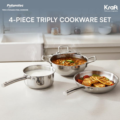 Futuretec Triply Stainless Steel Cookware Set 4 Pcs - 22cm (2.4 L) Extra Deep Kadai, 22cm (1.6 L) Frypan, 16cm (1.6 L) Saucepan