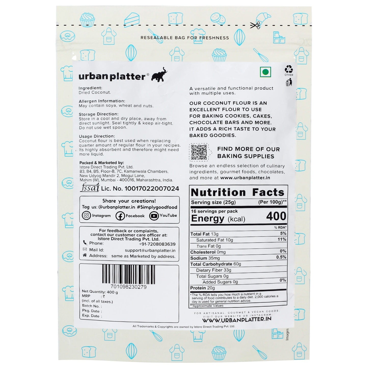 Urban Platter Coconut Flour - 400 gms
