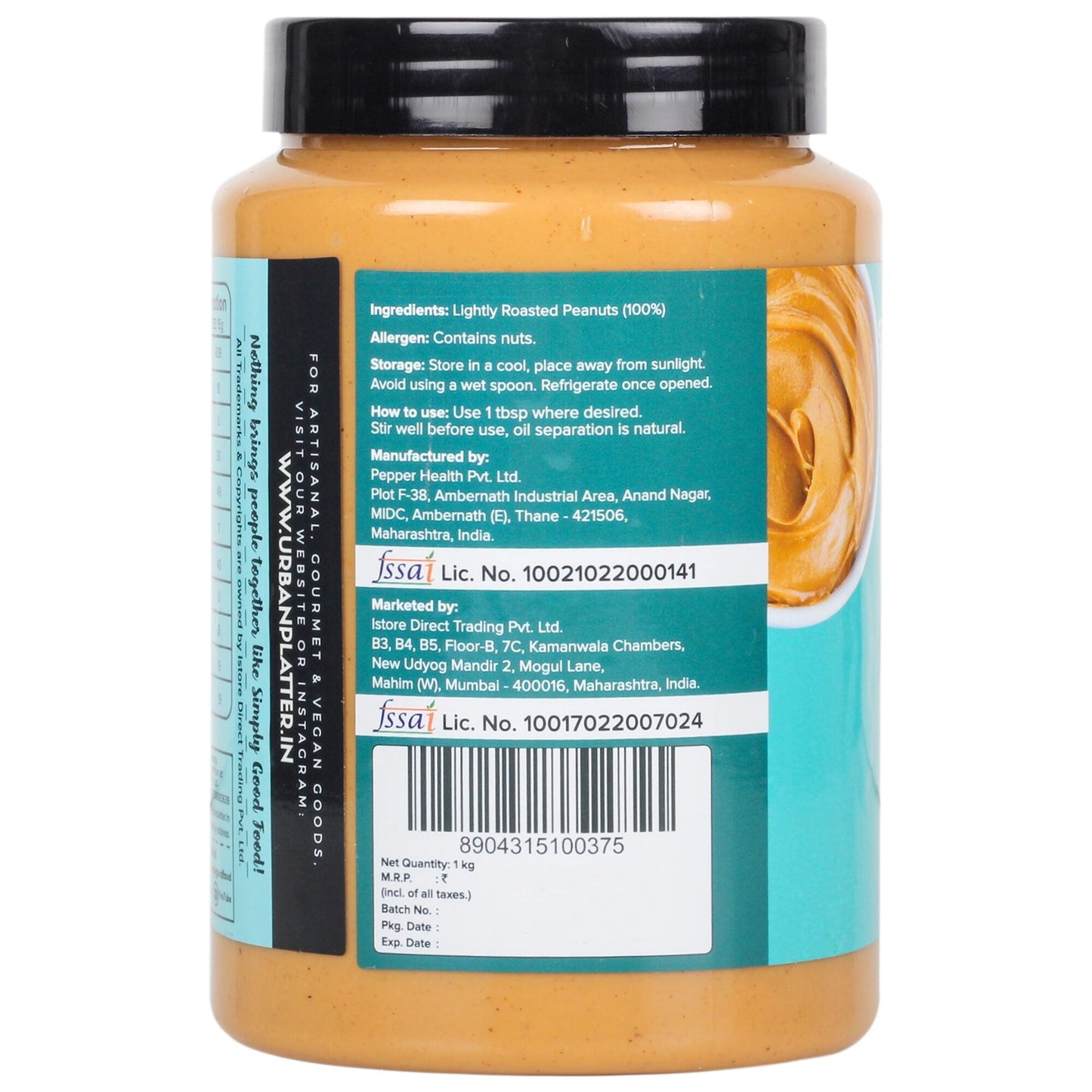 Urban Platter Natural Creamy Peanut Butter - 1 kg