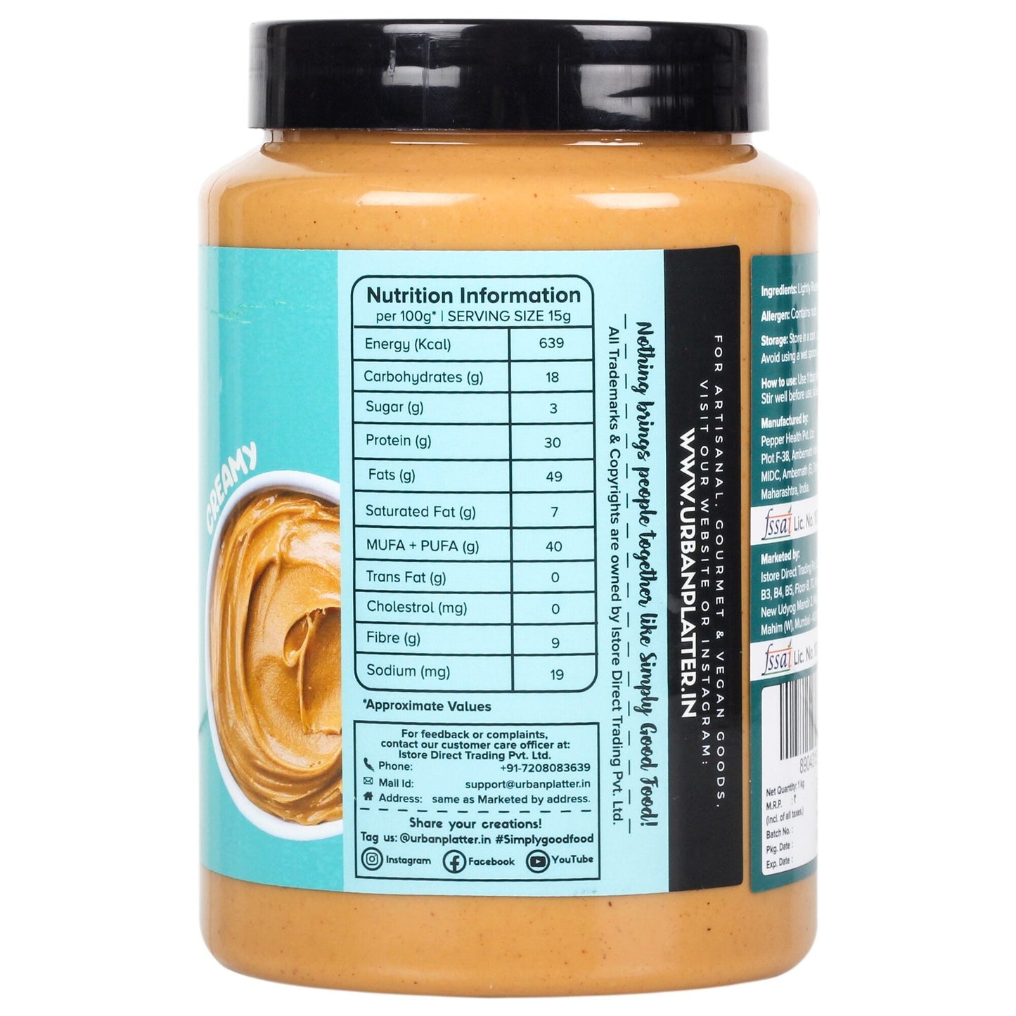 Urban Platter Natural Creamy Peanut Butter - 1 kg