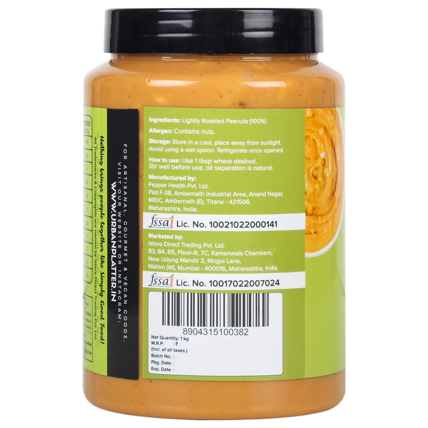 Urban Platter Natural Crunchy Peanut Butter - 1 kg